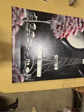 Original Bridge Canvas Art in Black, White & Pink